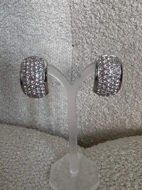 Vintage Christian Dior Crystal Pavé Half Hoop Earrings Silver with Post Mint!